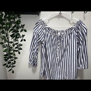 Off the shoulder navy blue and white striped top